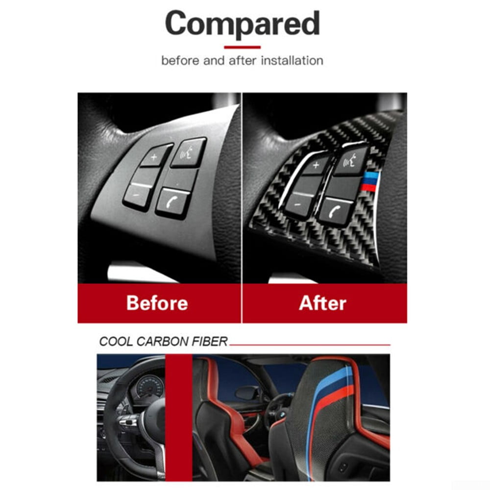 For BMW X5 E70 Carbon Fiber Black Inner Steering Wheel Button Trim 2008-2013